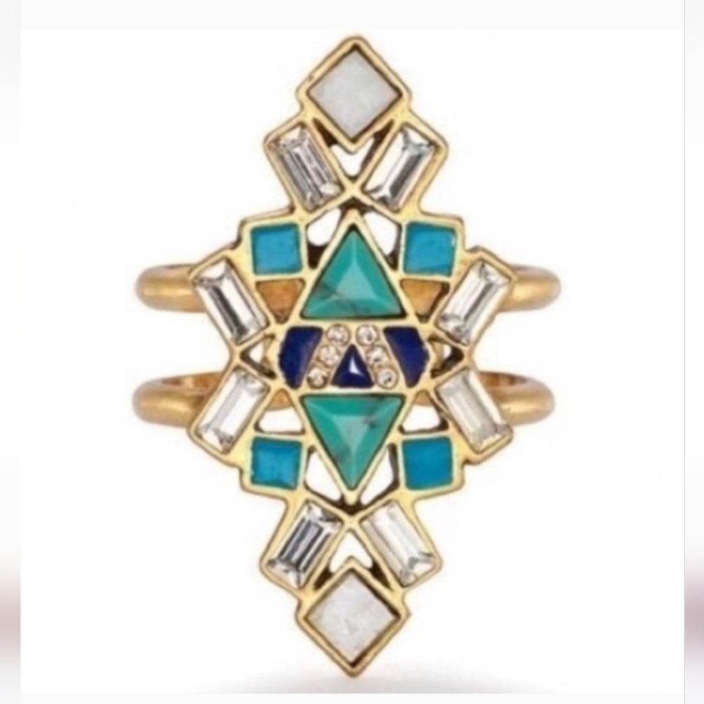 Stella & Dot Enamel Turquoise, Cobalt, & Crystal Tile Statement Ring, Retired - Picture 5 of 8